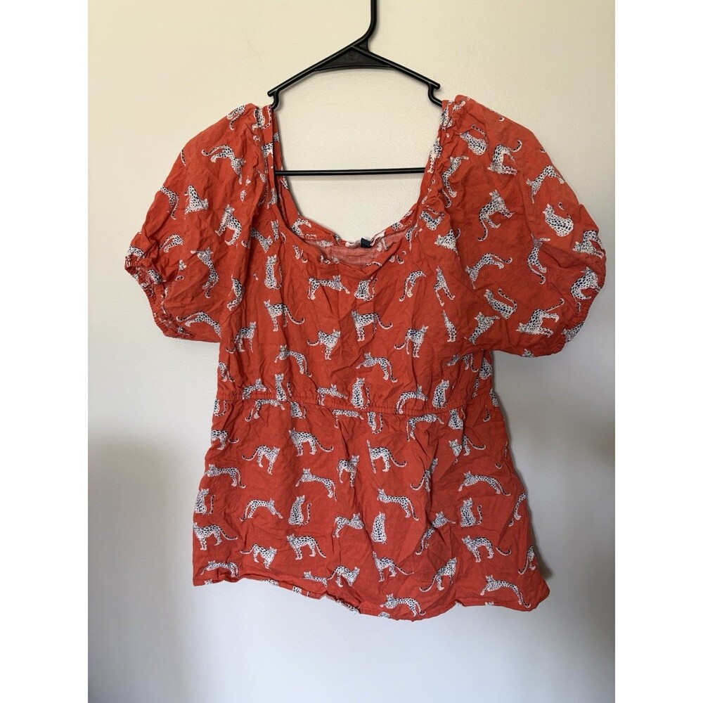 Michelle McDowell Blouse, Size Large, Orange With Leopard Design